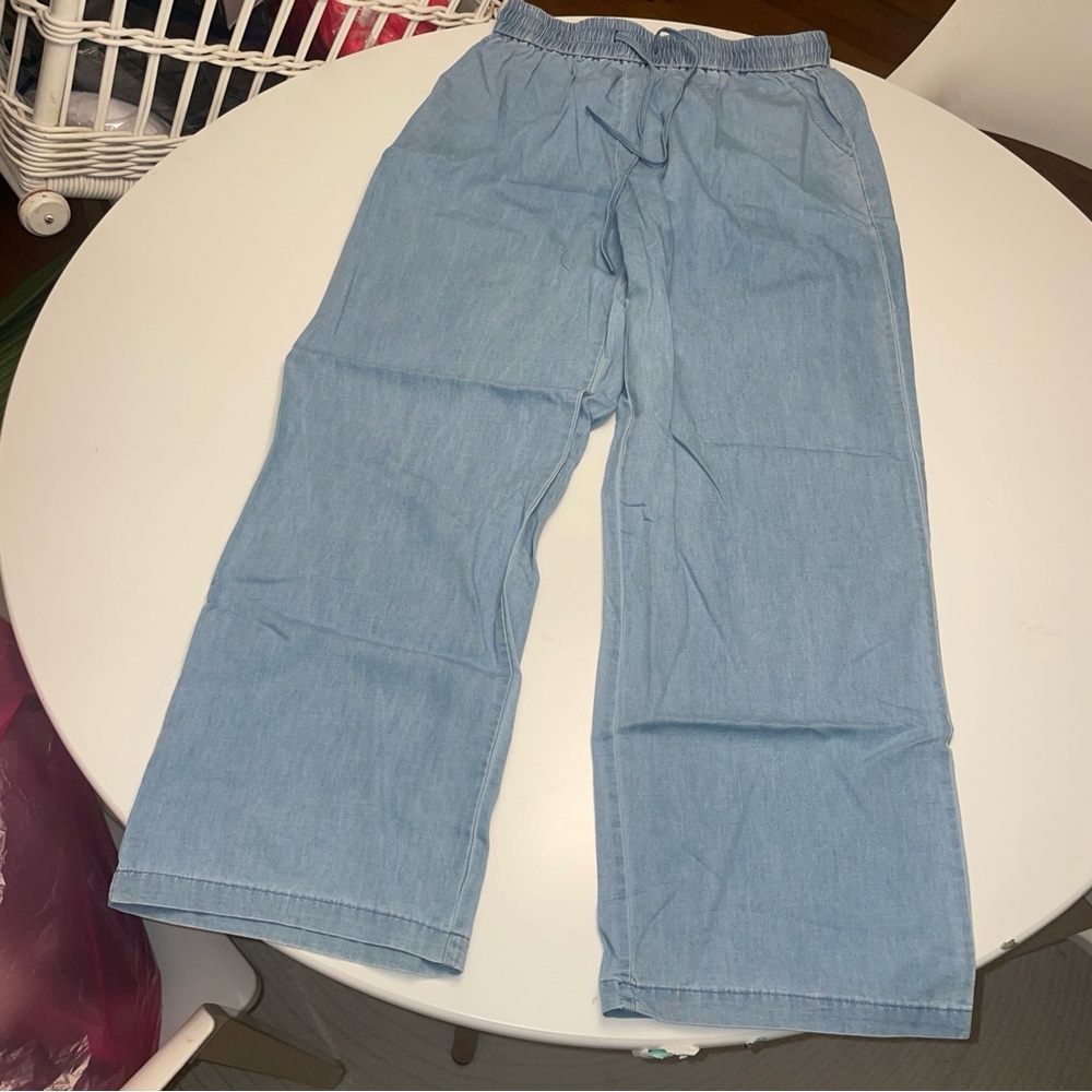 We Love Fashion Wide Leg Elastic Hi Waisted Pull On Drawstring Baggy Denim Pants